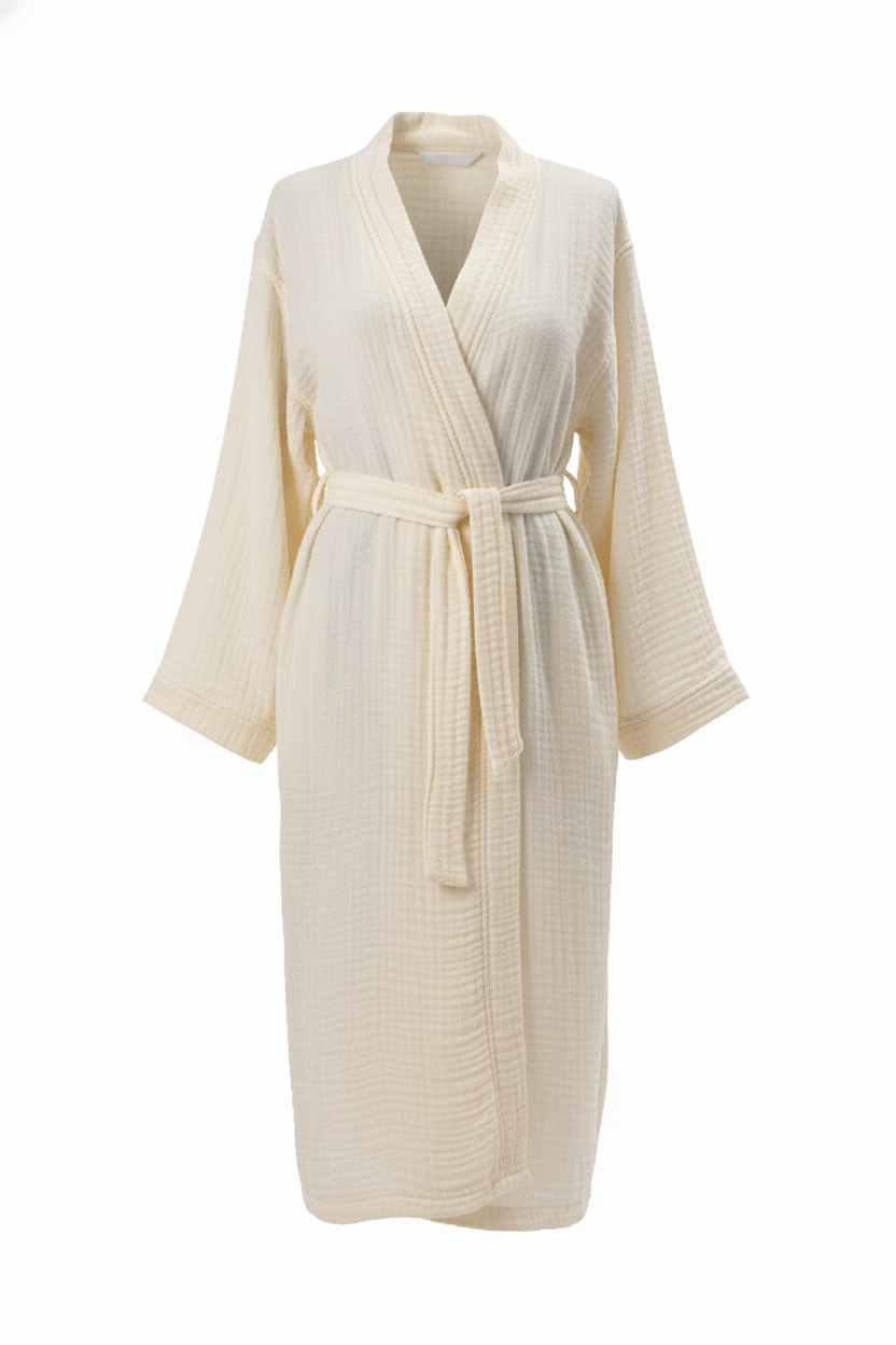 Maren Muslin Bathrobe with Hair Towel Set 100% Turkish Cotton - Ecru