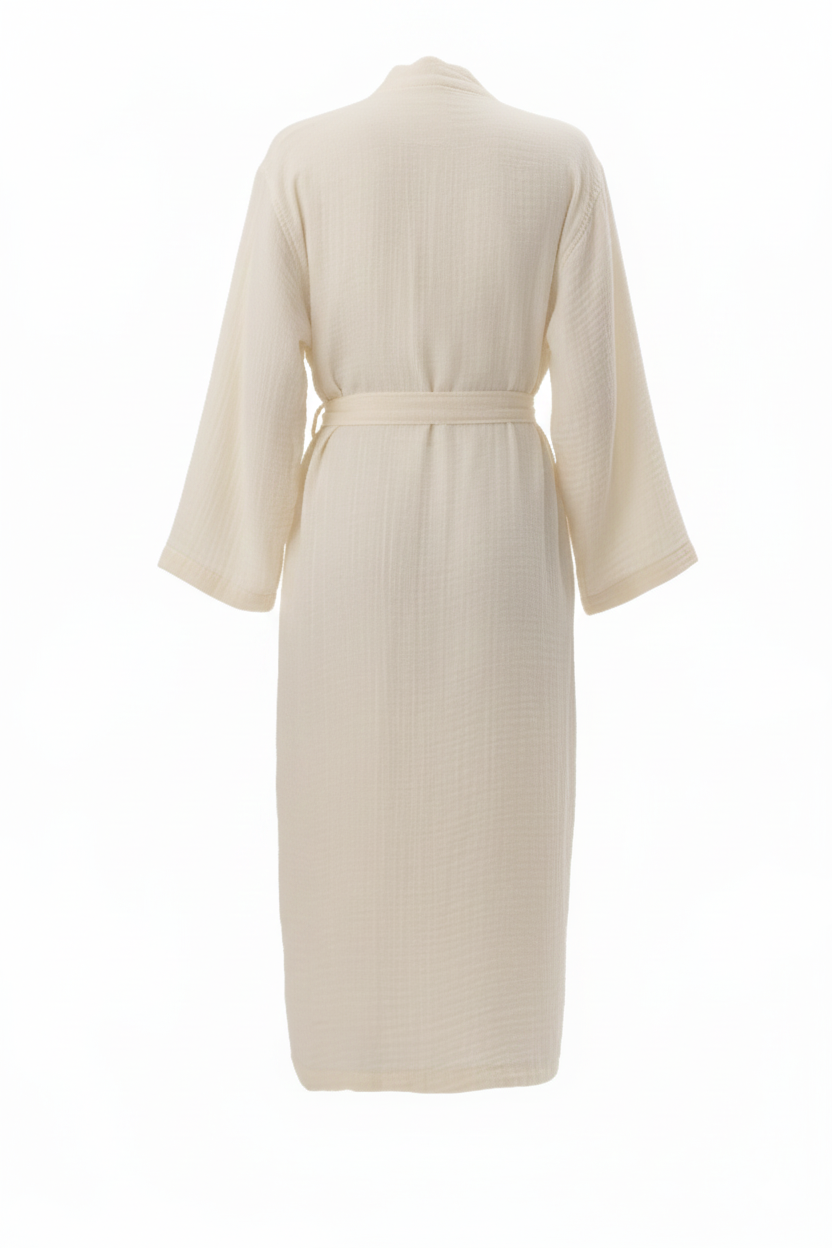 Maren Muslin Bathrobe with Hair Towel Set 100% Turkish Cotton - Ecru