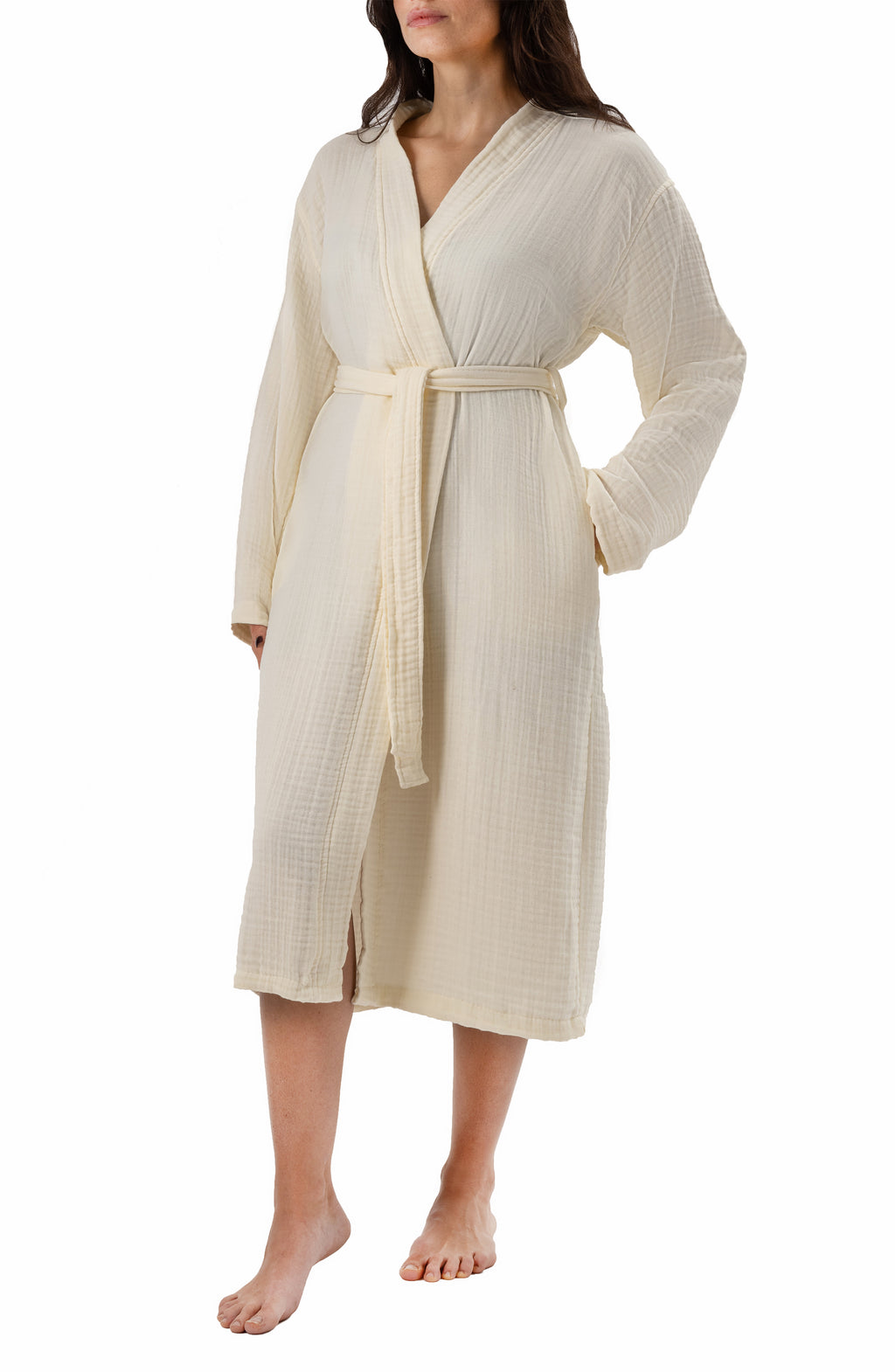 Maren Muslin Bathrobe with Hair Towel Set 100% Turkish Cotton - Ecru