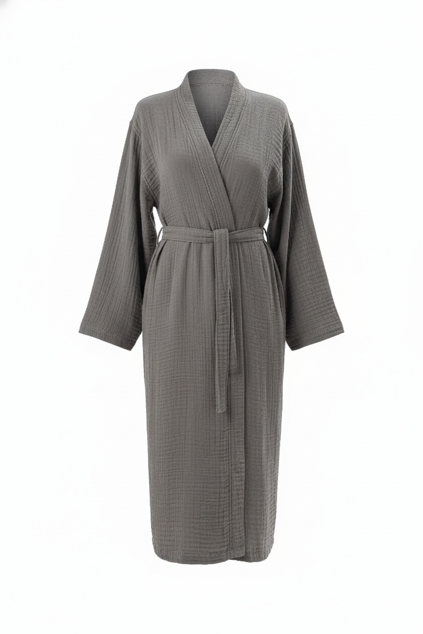 Maren Muslin Bathrobe Set with Hair Towel 100% Organic Turkish Cotton - Gray