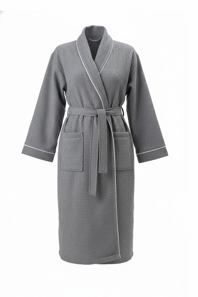 Naturelia Turkish Cotton Blend Waffle Bathrobe 2 Piece Set with Hair Towel – Grey