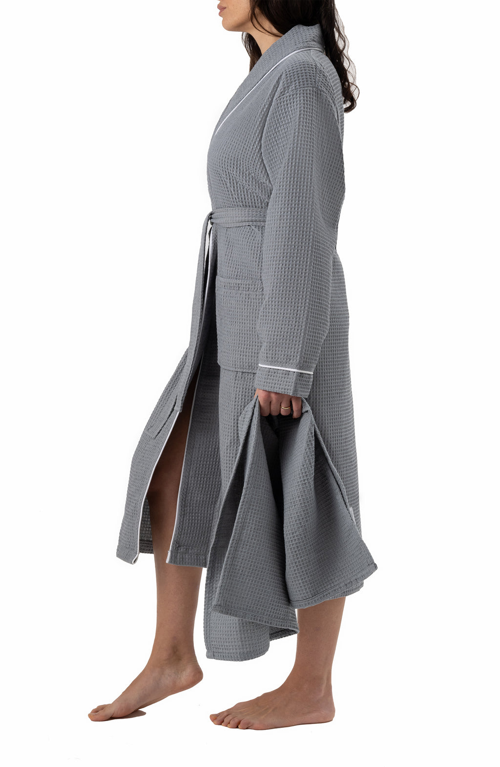 Naturelia Turkish Cotton Blend Waffle Bathrobe 2 Piece Set with Hair Towel – Grey