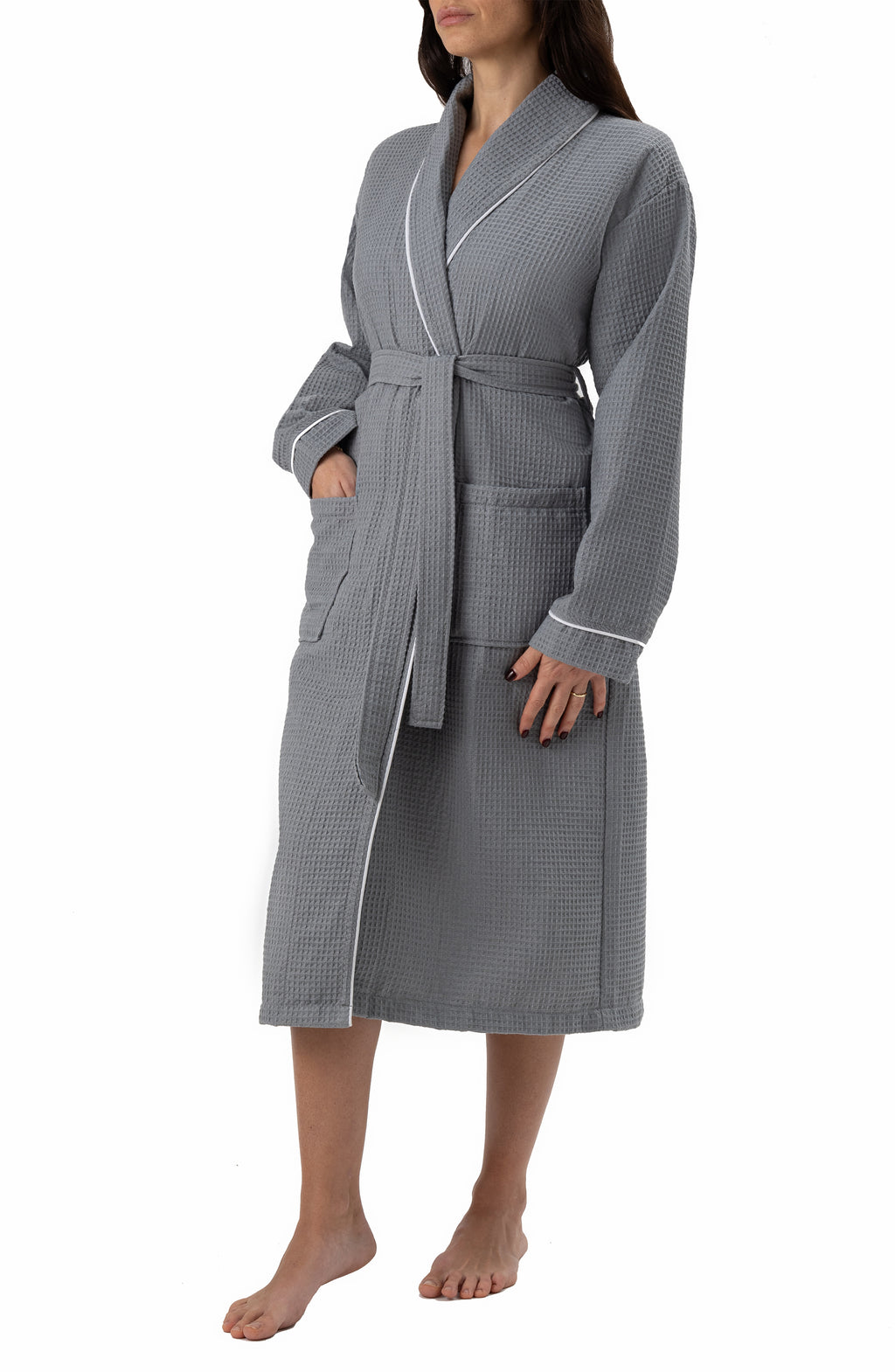 Naturelia Turkish Cotton Blend Waffle Bathrobe 2 Piece Set with Hair Towel – Grey