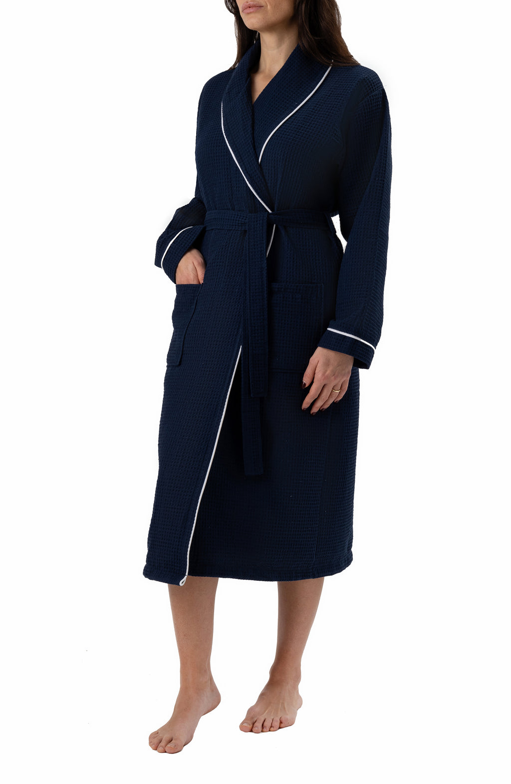 Naturelia Waffle Bathrobe 2-Piece Set with Hair Towel – Navy Blue Turkish Cotton Blend