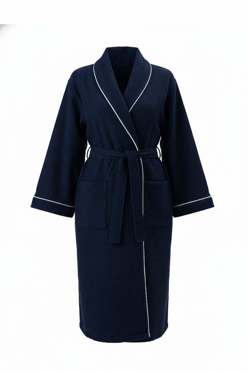 Naturelia Waffle Bathrobe 2-Piece Set with Hair Towel – Navy Blue Turkish Cotton Blend