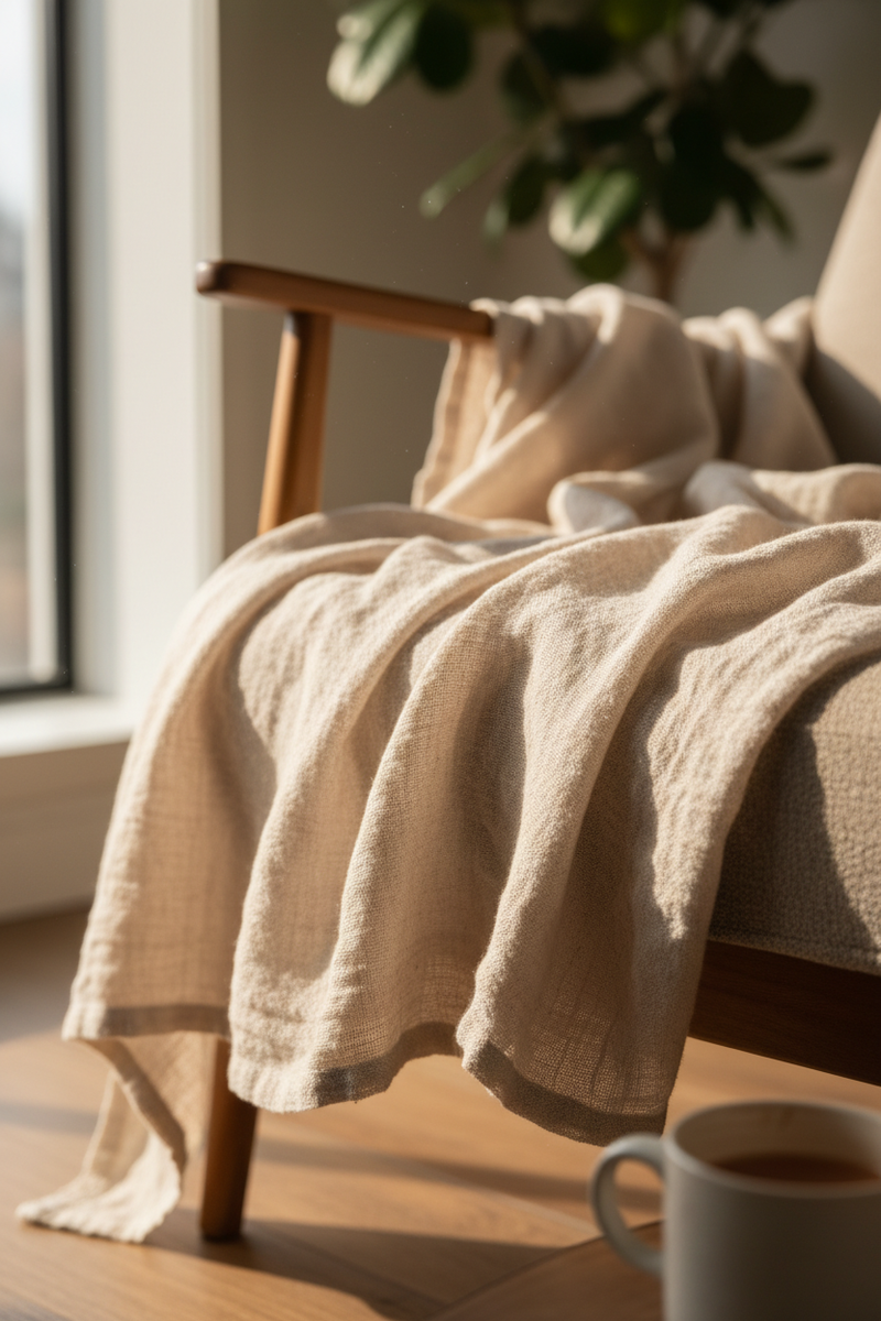 Close-up lifestyle product photography.

Natural cotton fabric texture.
Visible weave, softness, natural wrinkles.
Placed on a bed or chair.
Natural daylight only.
No smoothing, no styling.
Honest, tactile, realistic feel.

ratio 9:16