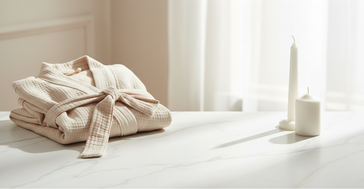 Horizontal banner.
Natural daylight, minimalist marble surface.
belted muslin robe left side center from the edge.
Two candles (large + small) right side center from the edge.
Soft shadows, clean premium spa look.
Wide empty space in the middle for text.