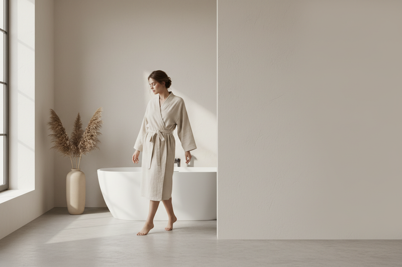 “Horizontal lifestyle banner.
Female model wearing ecru muslin bathrobe with belt.
Minimal bright bathroom setting.
Natural daylight coming through window.
Soft shadows, calm spa atmosphere.
Clean neutral tones.
Hyper-realistic, high-resolution photography.
Wide empty space for text overlay.”