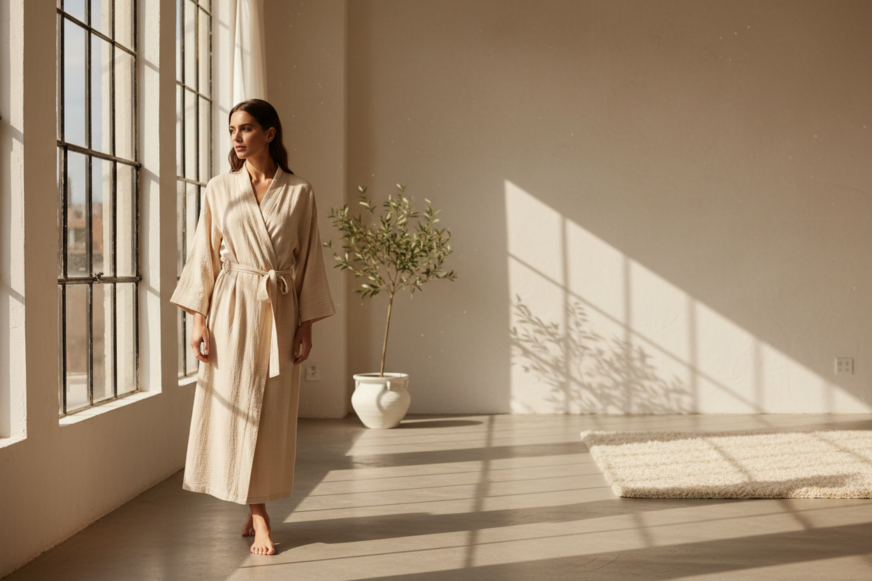 “Horizontal lifestyle banner.
Female model wearing ecru or grey muslin bathrobe with belt.
Soft natural daylight in bright home or studio.
Calm warm atmosphere, storytelling mood.
Minimal background.
Soft shadows.
Wide empty space for text overlay.
Hyper-realistic, high-resolution photography.”
