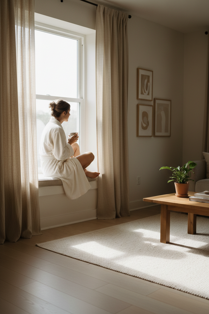 Lifestyle photography of a quiet moment at home.

Soft daylight in a minimal living space.
Neutral tones, warm beige.
A woman in a cotton robe sitting quietly or standing near a window.
Relaxed posture, no posing.
Calm, slow, peaceful atmosphere.
Feels natural and real.

9:16 ratio